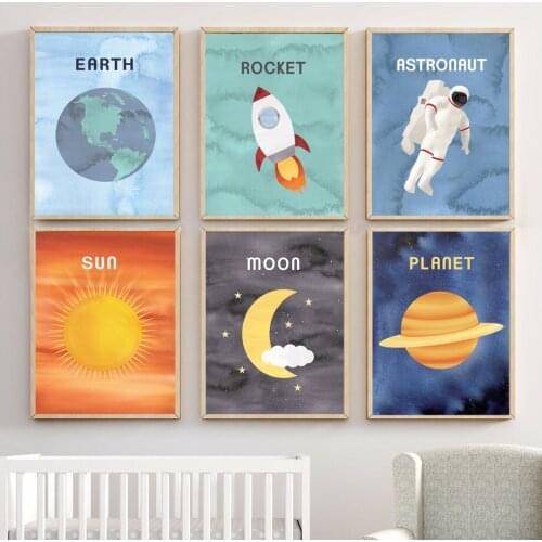 Cartoon Astronaut Planet Moon Sun Earth Rocket Wall Art Print Canvas Painting Nordic Poster Wall Pictures Baby Kids Room Decor
