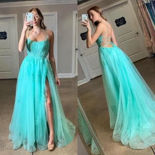 Charming Side Split Prom Dresses Lace Appliques Corset Back A-Line Arabic Evening Formal Gowns Customized Abendkleider