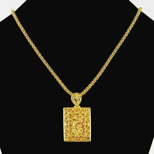 Fashion 24K Yellow Gold Color Pendant Necklace Popcorn Chain Engraved Vintage Dragon Pattern for Men Hiphop Punk Rap Jewelry