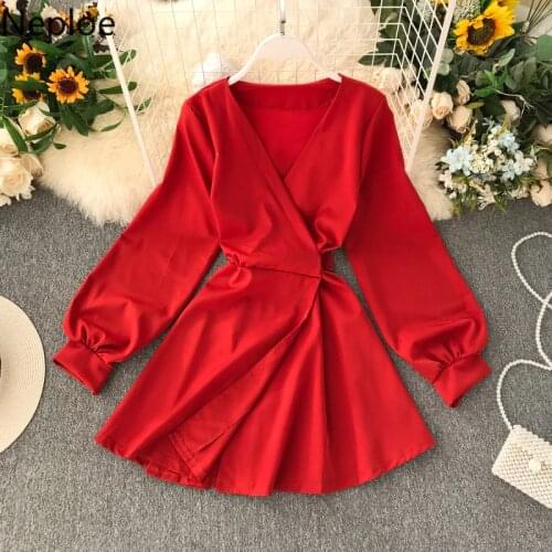 Neploe Retro Slim Waist Lace Up Vestido V Neck Puff Long Sleeve Party Dress Temperament Solid High Waist Hip A Line Ropa 47949