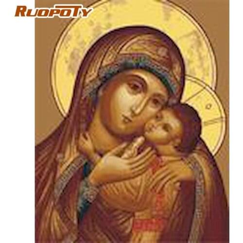 RUOPOTY Diy Oil Painting By Numbers For Adults HandPainted Virgin Mary With Baby Figure Paint Kits Home Decoration Wall Art Pict