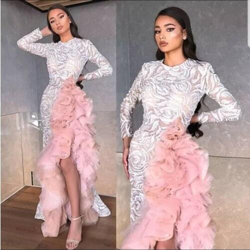 Sexy High Side Split Ruffles Evening Dresses 2021 Full Lace Long Sleeve Jewel Neck Mermaid Prom Gowns Vestidos