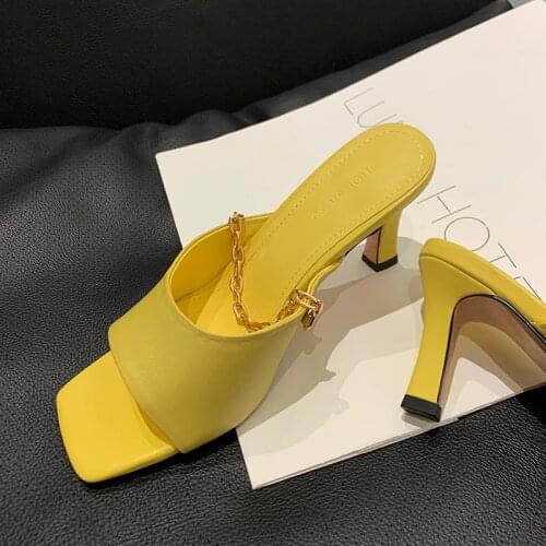 SKLFGXZY Withered Summer Fashion Vintage Cowhide Sexy Square Head Stiletto High-heeled Slippers Women Shoes Woman Shoes Women