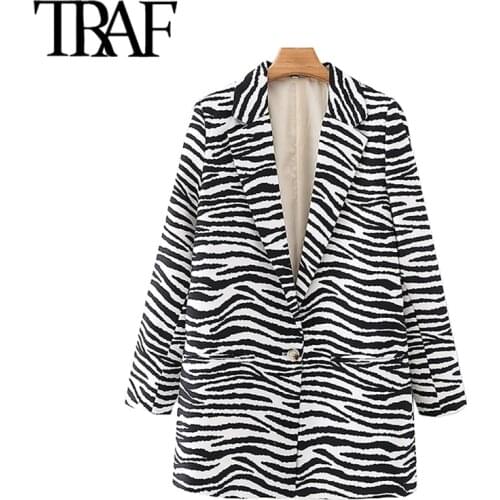 TRAF Women Fashion Single Button Animal Print Blazer Coat Vintage Long Sleeve Pockets Female Outerwear Chic Veste Femme