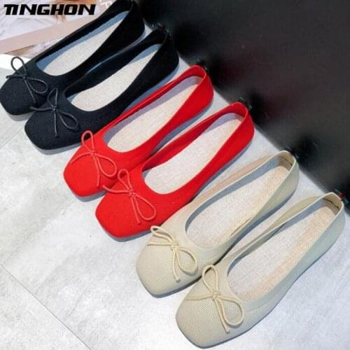 TINGHON Women Slip On Flat Loafers Square Toe Shallow Ballet Flats Shoes knitting Casual Flat Shoes Ballerina knot Flats