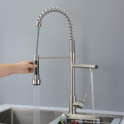 Pull Down Sprayer Spring Kitchen Sink Faucet 2 Spouts Brushed Nickel Single Handle Mixer Tap Kitchen Sink Faucet 360 Rotation
