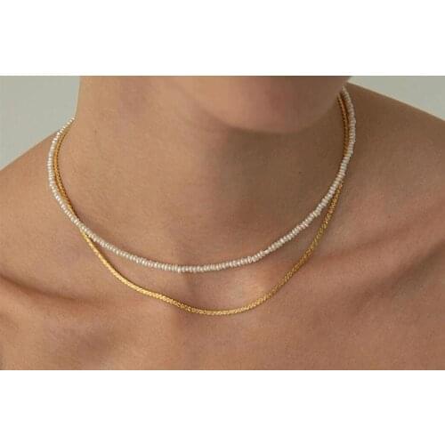 Real pearl 2mm white flat pearl necklace gold clasp extend chain natural Freshwater PEARL Women Jewelry 14'' 17'' 35cm 43cm