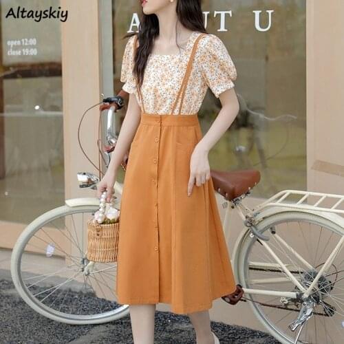 Sets Women Fashion Elegant Floral Puff Sleeve Sweet All-match Summer New Square Collar Korean Style Spaghetti Strap Loose Female