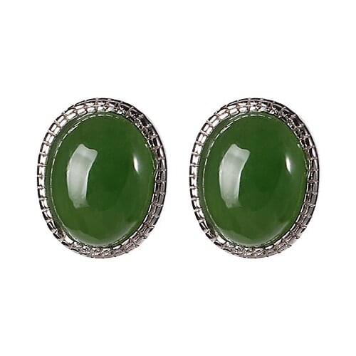 S925 sterling silver natural Hetian jade stud earrings retro simple all-matching graceful Oval womens earrings