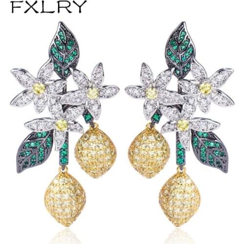 FXLRY Fashion Gorgeous AAA Cubic Zircon Flower Tassel Drop Earrings For Women Bridal Wedding Jewelry