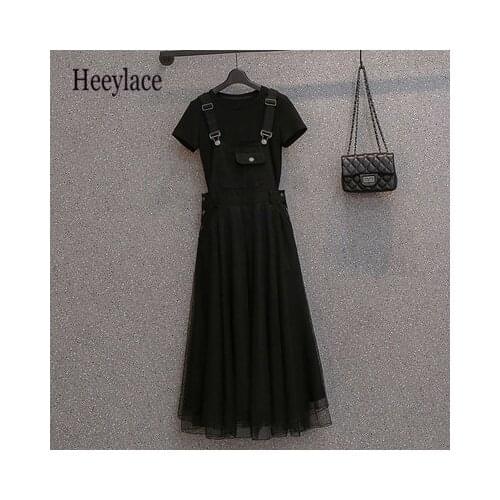 Plus Size Women Summer Black Two Pieces Set Korean Casual Short Sleeve Top And Spaghetti Straps Mesh Dresses Suits Female 2 PCS