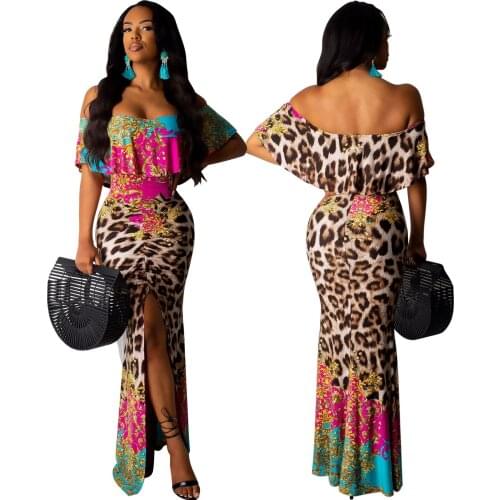 Women Leopard Print summer maxi dress sexy tube Ruffles off shoulder long Dresses Slash Neck robe