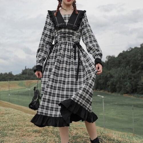 Lolita Gothic Dress Women Ruffles Kawaii Midi Dress Casual Lace-Up Plaid Long Sleeve Vintage Dress Korean 2020 Womens Autumn