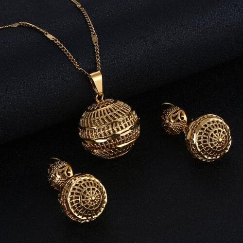 Gold Color Hollow Round Beaded Pendant Necklace Earring Joias Ouro Jewelry Sets