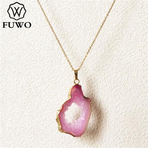 FUWO 2020 New Natural Rose Geode Slice Necklace Pendant Charm Gold Chain Choker Necklaces for Women Jewelry Dropship NC271