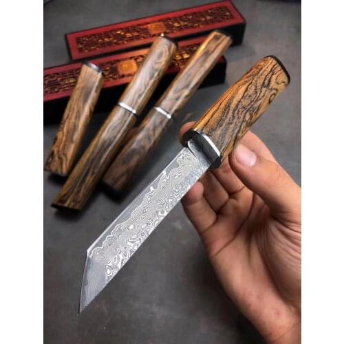 Damascus steel 67 layer VG10 steel core layer blade wood handle Tactical fixed blade Small straight knife leather Sheath