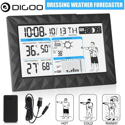 DIGOO LCD Weather Station Outdoor Indoor Thermometer Humidity Forecast Barometer Snooze Alarm Clock Sunrise Sunset Calendar