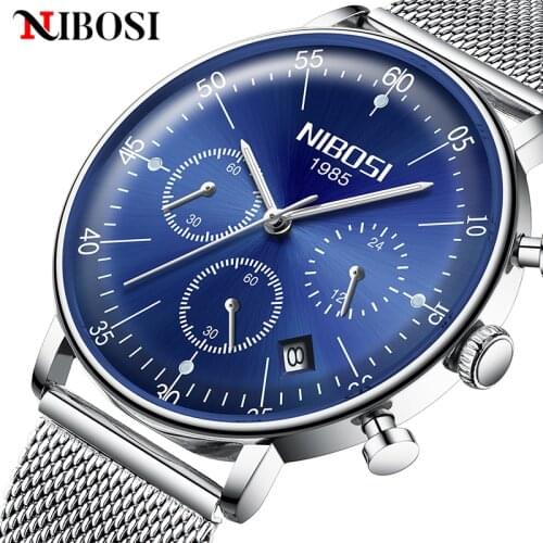 NIBOSI Fashion Curved Mirror Mens Watches Top Brand Luxury Waterproof Watch Male Stainless Steel Wristwatch Casual Quartz Clock