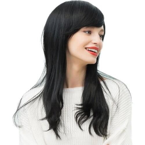 Fashion Women Long Natural Wave Curly Side Bangs Real Human Hair Wig Black