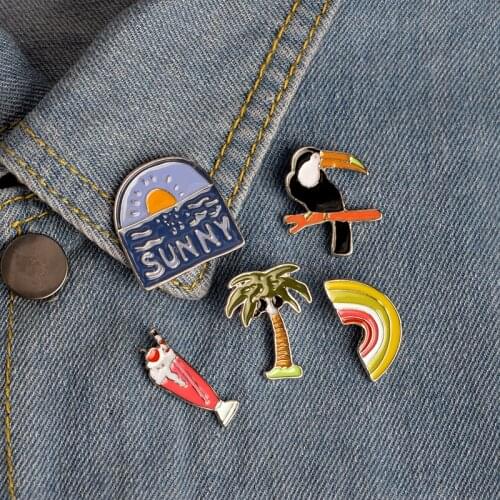 Cartoon Enamel Coconut Tree Crow Rainbow Pineapple Ice cream Brooch Pin Denim Collar Badge Pins Button Summer Jewelry