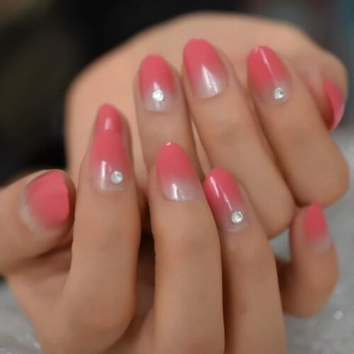 Glossy Ombre Gradient Pink French Oval Press on False Nails Natural Short Round UV 3D Rhinestones Faux Ongles Fake Fingers Nail