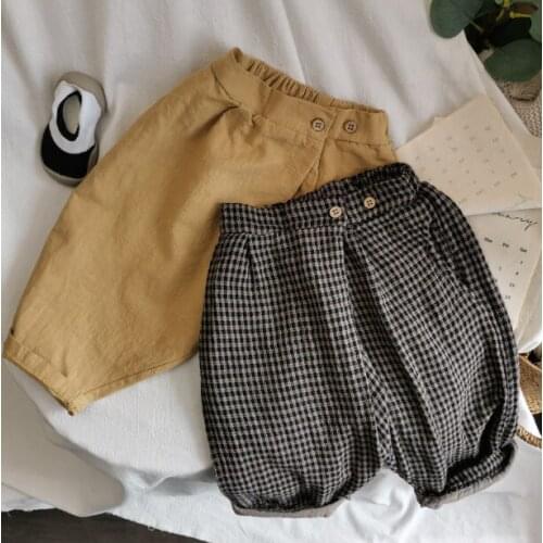 2021 new girls boys plaid long pants cotton linen autumn cool kids pants