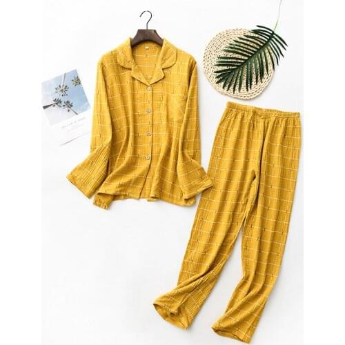 New Japanese Couple Pajamas Cotton Linen Lattice Spring Autumn Men and Women Long-sleeved Large Size Casual Homewear Pigiama Set