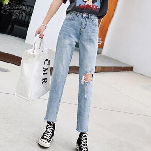 New Light Blue Ripped Jeans for Women Capri-Pants Zipper High Waist Jeans for Women Loose Harem Pants Baggy Jeans Women 10731