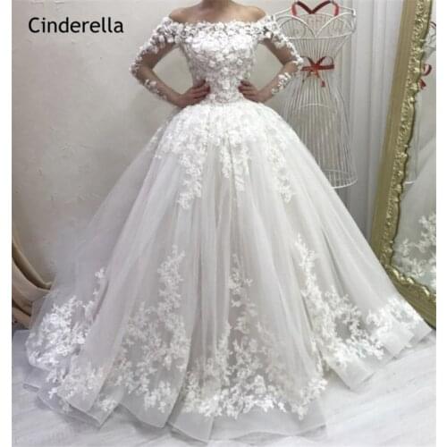 Cinderella Fantastic Hand Made Flower Sweep Train Zipper Back Tulle Lace Applique Ball Gown Wedding Dresses vestido de noiva