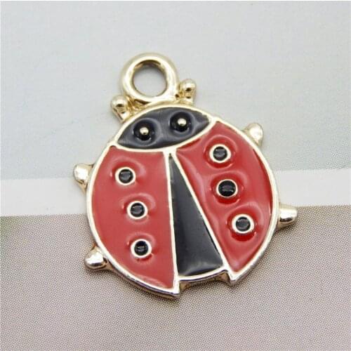 Julie Wang 10PCS Enamel Red Ladybug Charms Zinc Alloy Cartoon Insect Gold Tone Pendant Bracelet Jewelry Making Accessory