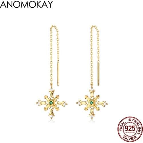 Anomokay Classic Green Crystal Snowflake Long Chain Drop Earrings for Party Wedding Real Sterling 925 Silver Long Earring Gift