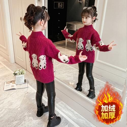 Girls' sweaters 2021 new childrens knitted sweaters diamond plaid cartoon bear childrens warm sweater kids winter clothes