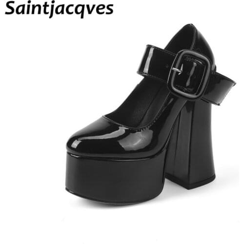 2021 Spring New Sexy Patent Leather Thick Heel Single Shoes Black Red Buckle Shallow Mouth High Heels Shoes for Wedding Women