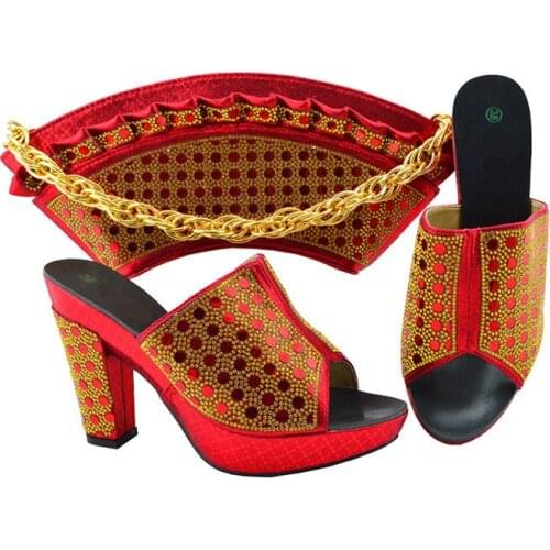 Gorgeous Red Color Handbag With Gold Rhinestone Design African Women Shoes Matching bag Set For Dress MM1069