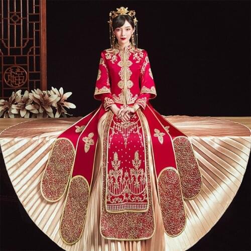 Embroidery Rhinestone Chinese Traditional Wedding Cheongsam Bride Vintage Classic Mandarin Collar Qipao китайская одежда