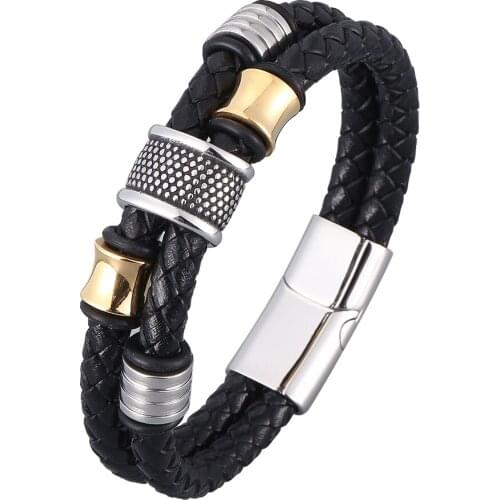 High Quality Stainless Steel Magnetic Metal Clasp Bangles Men Jewelry Two Layers Black Genuine Leather Bracelet BB0959