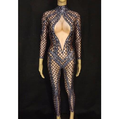 Women Sexy Nightclub Costumes for Singer Black Grid Sparkling Crystals Women Jumpsuit 3D Printed Nightclub Party Stage Wear