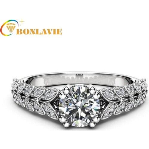 BONLAVIE Full Diamond Rice Ear Ring Micro Inlaid Womens Engagement Ring