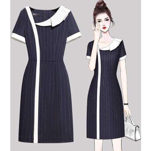 Office Lady Work Formal Dress Summer Short Sleeve Women Vintage Striped Pencil Dress Spring Summer Elegant Korean Style Dresses