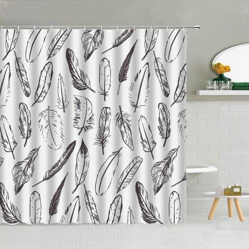 Black And White Bird Feather Shower Curtain Indian Fashion Bathroom Bath Waterproof Curtains Home Wall Decoration With Hooks Set