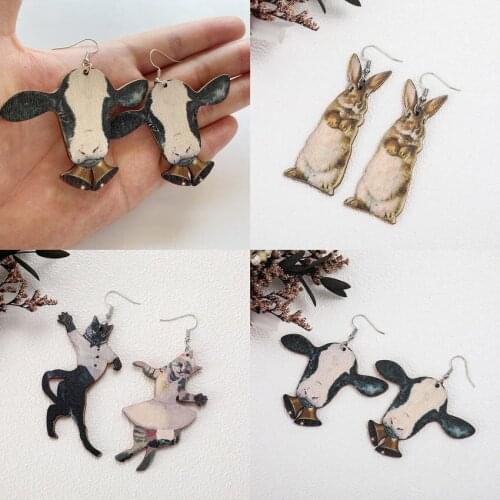 Colored Natural Wood Cow Rabbit Cat Drop Earrings for Women Trendy Chic Wooden Animal Earrings Christmas Jewelry Wholesale