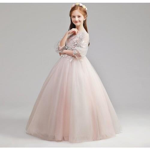 Flower Girl Dress Crystal Appliques O-Neck Three Quarter Princess Floor-Length Lace Tulle Embroidery Pearls Kids Party Gown H163
