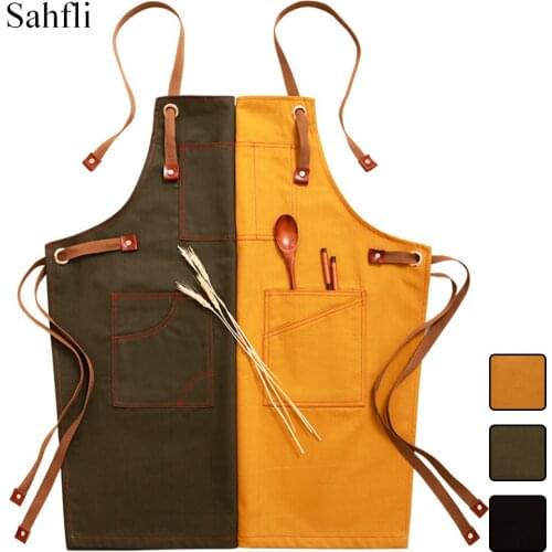 Denim Material Household Solid Color/mixed Color Overalls Sleeveless Apron with Three Pockets To Decorate Back Tie Halter Design