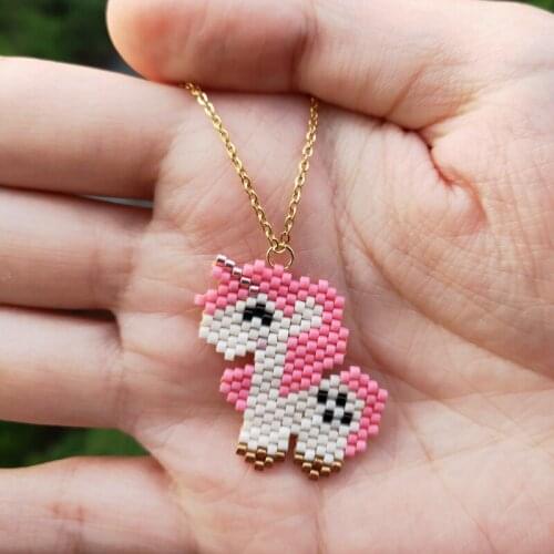 FAIRYWOO Unicorn Necklace Pendant Handmade Miyuki Beaded Necklace Sweet Woman Kid Gifts Pink Sweet Cute Animals Collier Choker