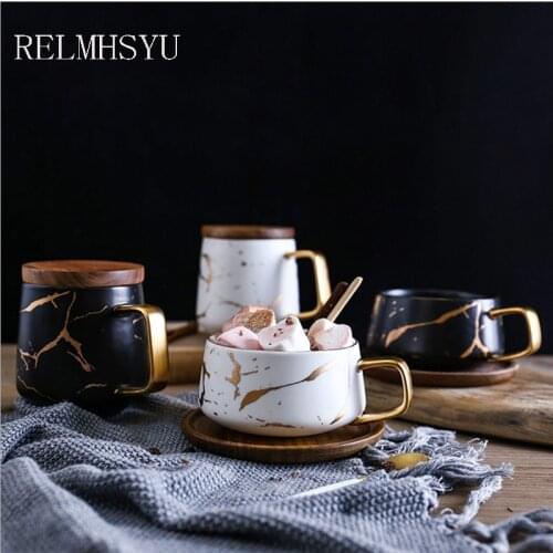 RELMHSYU Nordic Style Ceramic 3colors Marble Coffee Mugs Matte Water Tea Milk Cup With Wooden Base Drinkware
