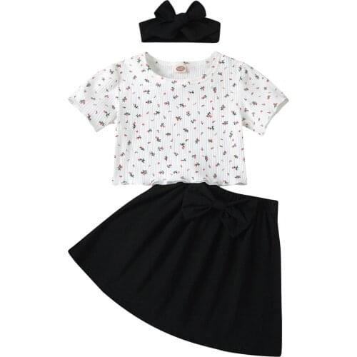 Kids Girls Fashion 3-piece Outfit Set Short Sleeve Floral Tops+Bowknot Solid Color Skirt+Headband Set