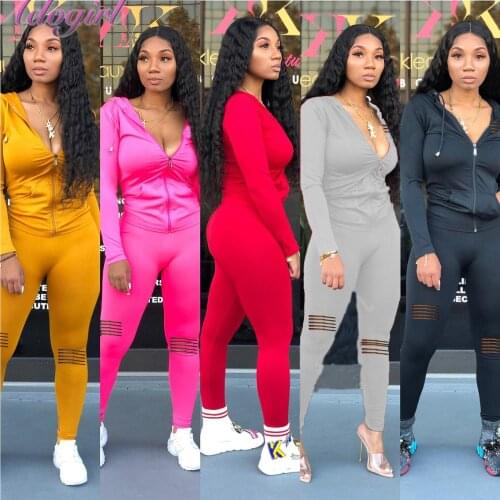 Active Women Sets Solid Long Sleeve Zipper Hooded Tops Hollow Hole Pants Suit Workout Jogger 2 Piece Set Outfit Sport Tracksuit