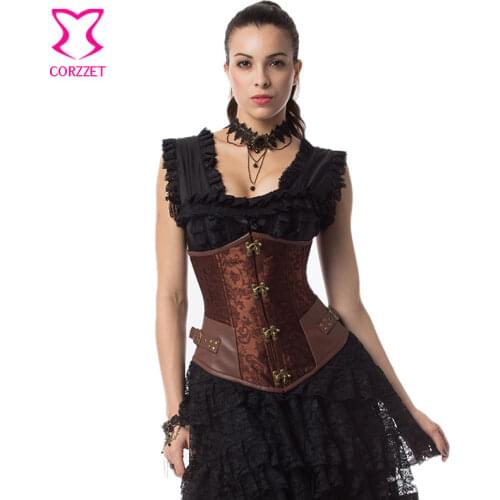 Steampunk Brown Brocade Steel Boned Underbust Corset Gothic Clothing Korsett For Women Victorian Corsets and Bustiers Sexy