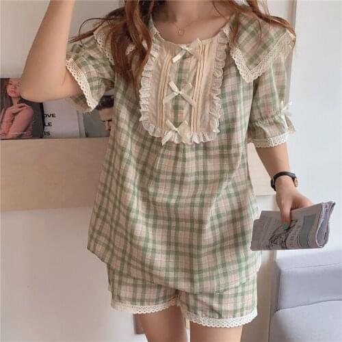 Summer Women Plaid Pajamas Set Sweet Short Sleeve Tops Shorts Cotton Loose Lace Pyjama Princess Sytle Bow Sleepwear