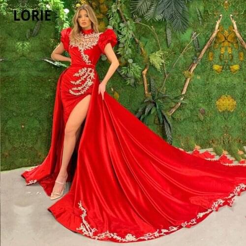 LORIE Arabic Evening Dress High Neck Appliques Beaded Short Sleeves Long Prom Gown with Detachable Train Red Party Dress 2021